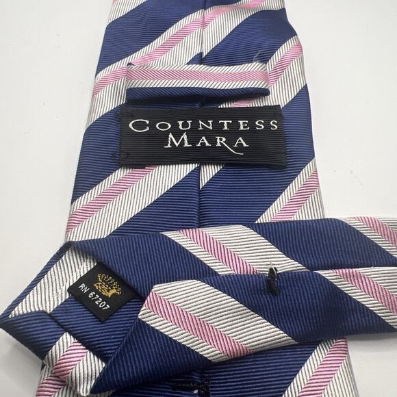 Countess Mara Vintage Men’s Repp Tie Blue Gray Pink Striped EXC Necktie 60”! - Picture 3 of 5